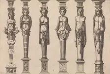 Six herms, four female and two male, with Hercules at far right, ca. 1565. Creators: Johannes van Doetecum I, Lucas van Doetecum