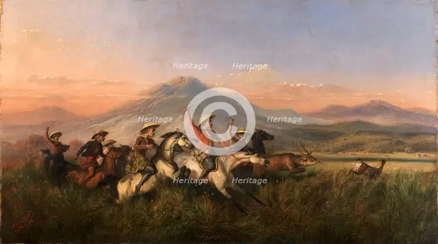 Six Horsemen Chasing Deer, 1860. Creator: Raden Saleh.