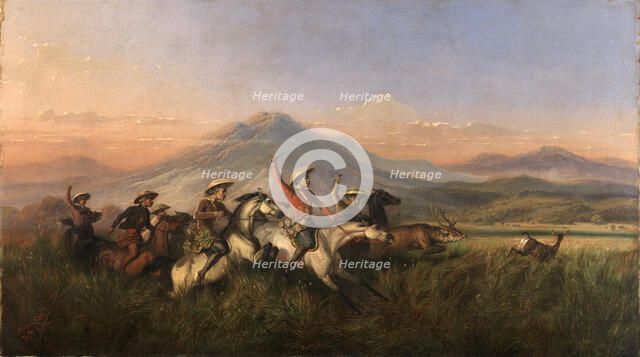 Six Horsemen Chasing Deer, 1860. Creator: Raden Saleh.
