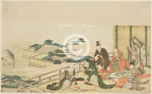 Six immortal poets preparing for the Tanabata festival, Japan, n.d. Creator: Hokusai.