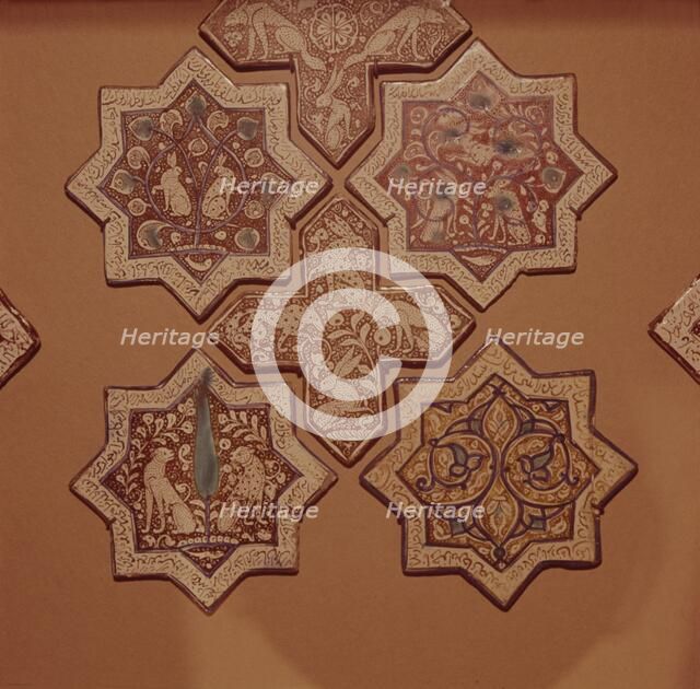 Six  Kashian Persian Tiles with Inscription from Shahnameh, 13th century. Artist: Unknown.