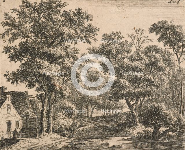 Six landscapes. Plate 2. Woman on a small bridge. (H34), 1640-1690. Creator: Anthonie Waterloo.