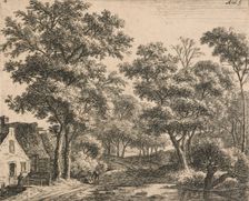 Six landscapes. Plate 2. Woman on a small bridge. (H34), 1640-1690. Creator: Anthonie Waterloo