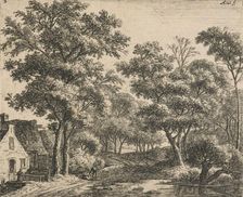 Six landscapes. Plate 2. Woman on a small bridge. (H34), 1640-1690. Creator: Anthonie Waterloo