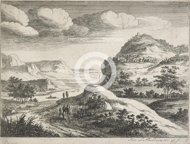 Six landscapes. Plate 6: Three figures standing on a country road, 1683. Creator: Jan van Almeloveen.
