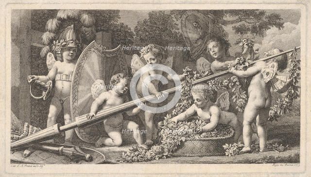 Six putti playing with the arms of Mars, four holding onto a large lance, one on the left ..., 1769. Creator: Bossi.