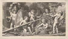 Six putti playing with the arms of Mars, four holding onto a large lance, one on the left ..., 1769. Creator: Bossi