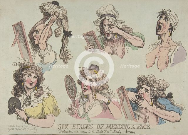 Six Stages of Mending a Face, Dedicated with respect to the Right Hon-ble. Lady Ar..., May 29, 1792. Creator: Thomas Rowlandson.