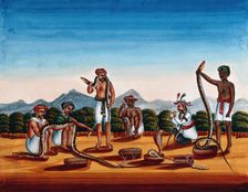 Six snake charmers displaying their snakes, (between 1800 and 1899?). Creator: Unknown