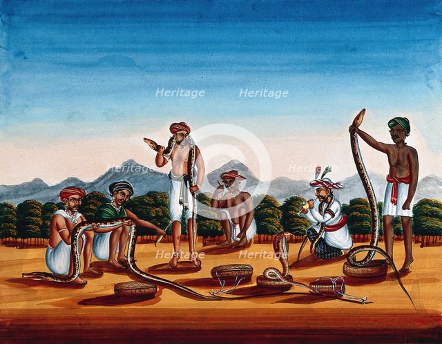 Six snake charmers displaying their snakes, (between 1800 and 1899?). Creator: Unknown.