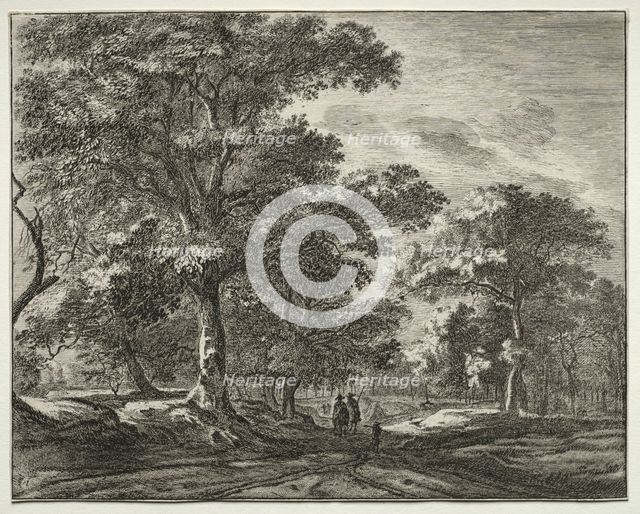 Six view in the wood of the Hague: Two Men Preceded by a Hunter. Creator: Roelant Roghman (Dutch, 1627-1692).