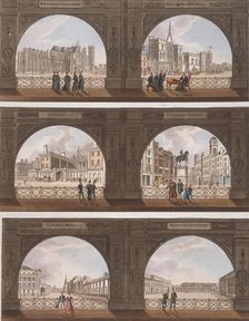 Six views of London sites seen through an arch, c1820. Artist: Anon