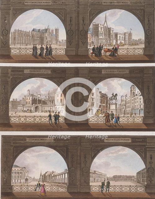Six views of London sites seen through an arch, c1820. Artist: Anon