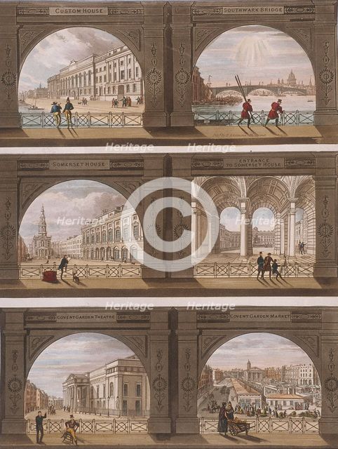 Six views of London sites seen through an arch, c1820. Artist: Anon