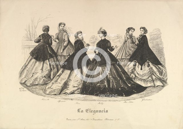 Six Women Outdoors, No. 676, from La Elegancia, 1865-66. Creator: Heloise Leloir.