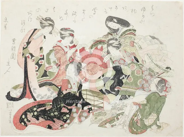Six women seated around a bird cage, Japan, 1823. Creator: Hokusai.