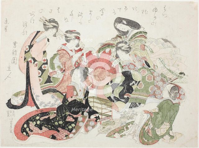 Six women seated around a bird cage, Japan, 1823. Creator: Hokusai.