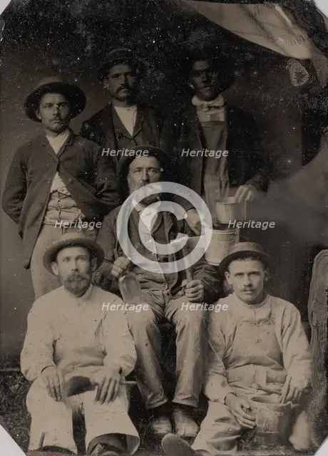 Six Workmen Holding Various Trade Tools: Paint Brushes, Bucket, Glass Bottle, and Ha..., 1860s-70s. Creator: Unknown.