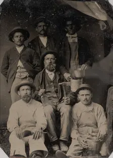 Six Workmen Holding Various Trade Tools: Paint Brushes, Bucket, Glass Bottle, and Ha..., 1860s-70s. Creator: Unknown