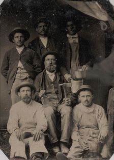 Six Workmen Holding Various Trade Tools: Paint Brushes, Bucket, Glass Bottle, and Ha..., 1860s-70s. Creator: Unknown