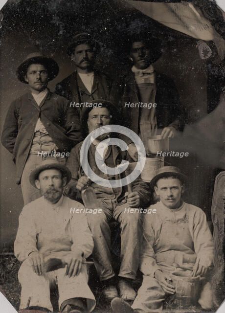 Six Workmen Holding Various Trade Tools: Paint Brushes, Bucket, Glass Bottle, and Ha..., 1860s-70s. Creator: Unknown.