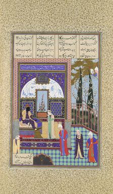 Siyavush Stands Accused by Sudaba before Kai Kavus, Folio 163v..., ca. 1530-35. Creator: Abd al-Vahhab