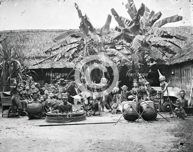 Siam (Thailand): a khon (masked dance drama) and lakhon (acting) troupe, 1865. Creator: John Thomson.