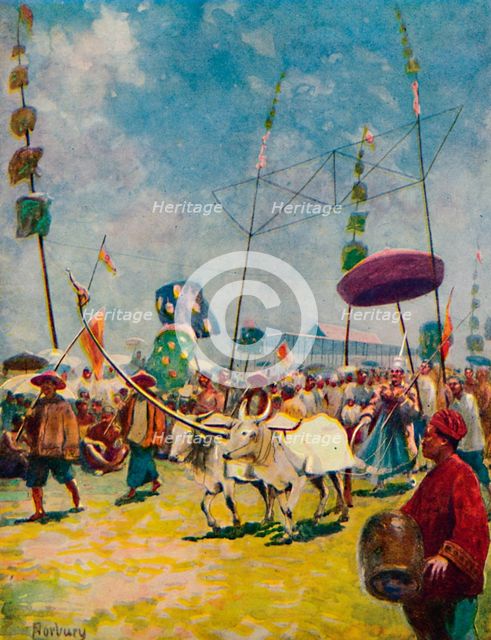 'Siamese Farmers Celebrating the Annual Rice Ploughing Festival', 1913. Artist: Edwin Norbury.