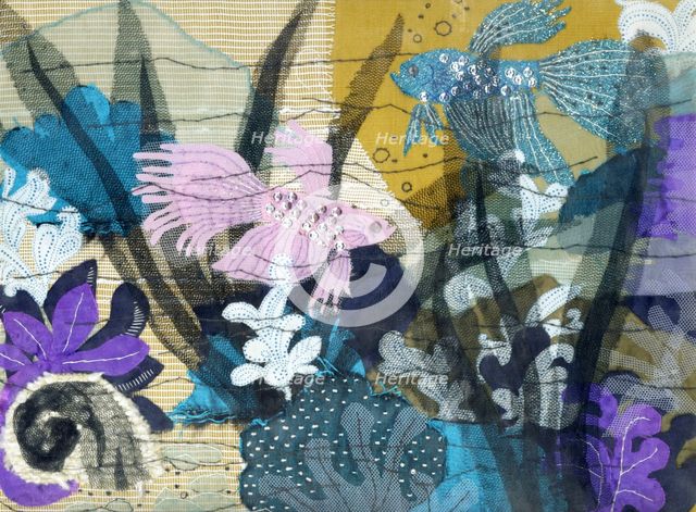 Siamese fighting fish, fabric collage, 1970s. Creator: Shirley Markham.