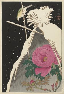 Siberian blue robin next to a Peony sheltered by a Snowcovered Hay Sheaf, 1925-1936. Creator: Ohara, Koson (1877-1945)