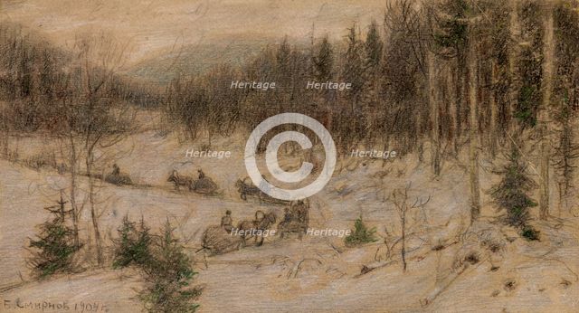 Siberian Road in Winter. A String of Carts Going from "Rasseia" to the Krasnoyarsk Region, 1904. Creator: Boris Vasilievich Smirnov.