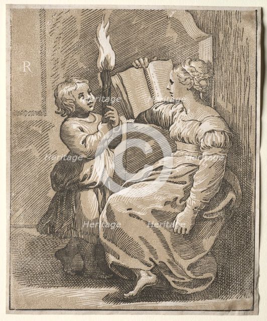 Sibyl Reading with a Child Holding a Torch, 1518-27. Creator: Ugo da Carpi (Italian, c. 1479-c. 1532).