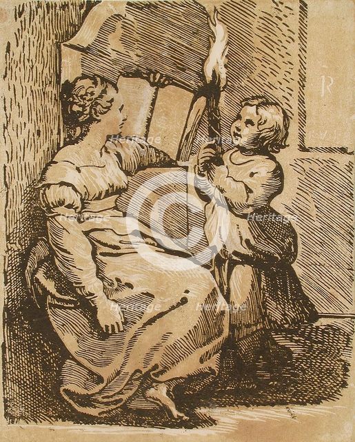 Sibyl Reading, Lighted by Child with a Torch, between circa 1520 and circa 1527. Creator: Ugo da Carpi.