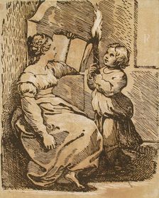 Sibyl Reading, Lighted by Child with a Torch, between circa 1520 and circa 1527. Creator: Ugo da Carpi