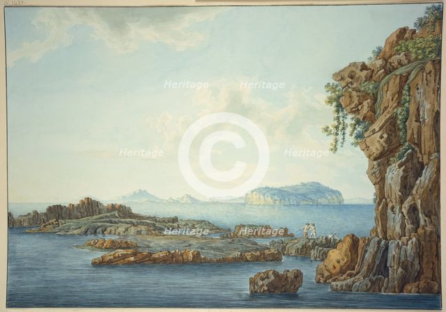 Sicily, rocky shore by the sea, three fishermen in the foreground, islands in the..., 18th century. Creator: Christoph Heinrich Kniep.
