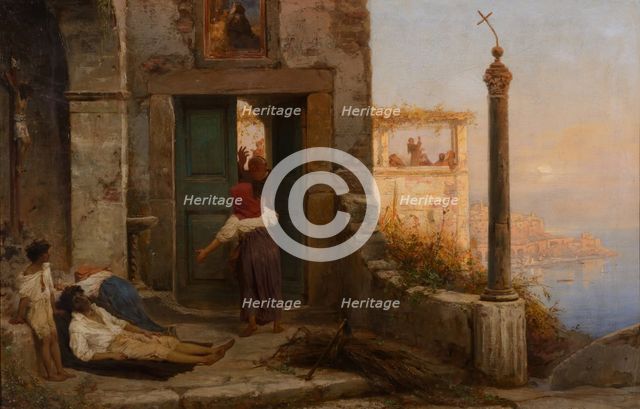 Sick man at the walls of a Catholic monastery, 1874.