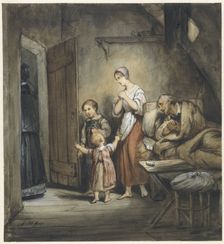 Sick man in bed with a woman and two children next to him, 1805-1858. Creator: Ary Scheffer