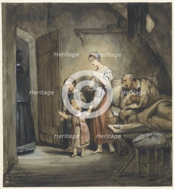 Sick man in bed with a woman and two children next to him, 1805-1858. Creator: Ary Scheffer.