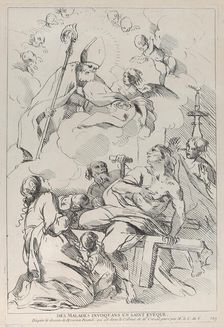 Sick people summoning a Bishop saint, who appears at upper left, 1729-40. Creator: Caylus, Anne-Claude-Philippe de