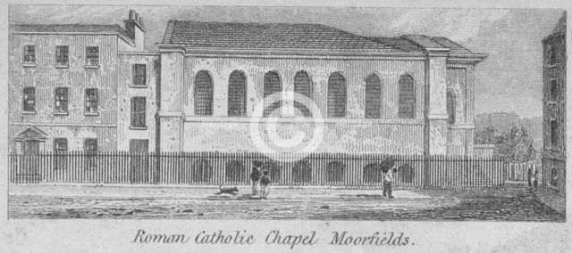 Side view of St Mary's Roman Catholic Church, Moorfields, City of London, 1825. Artist: Anon