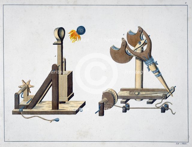 Siege catapults, 1842. Creator: Friedrich Martin von Reibisch.
