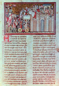 Siege and assault on the city of Belina, defended by King Aynart, Miniature in The great achieve…