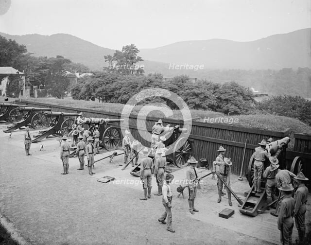 Siege battery drill, fixing sights, West Point, N.Y., c1905. Creator: Unknown.