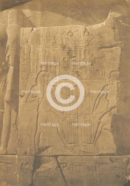 Siège du colosse monolithe d'Aménophis III, à Thèbes (Détails des sculptures), 1849-50. Creator: Maxime du Camp.