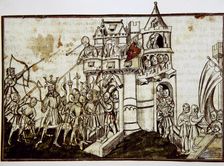 Siege of a castle, miniature, Conde Museum, Chateau of Chantilly, France, 15th century (1992). Creator: Unknown