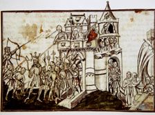 Siege of a castle, miniature, Conde Museum, Chateau of Chantilly, France, 15th century (1992). Creator: Unknown