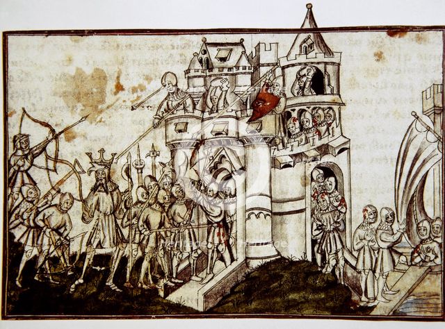 Siege of a castle, miniature, Conde Museum, Chateau of Chantilly, France, 15th century (1992).  Creator: Unknown.