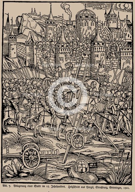 Siege of a city in the 15th century. From the Strasbourg Vergil by Johann Grieninger, 1502.