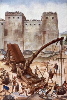 Siege of a city, Roman soldiers carrying a catapult to beat the walls. Creator: IVORI (Joan Vila Pujol, llamado) (1890 - 1947)