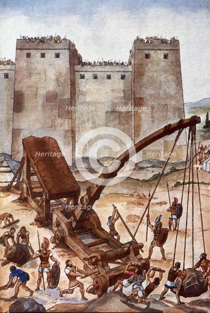 Siege of a city, Roman soldiers carrying a catapult to beat the walls. Creator: IVORI (Joan Vila Pujol, llamado) (1890 - 1947).